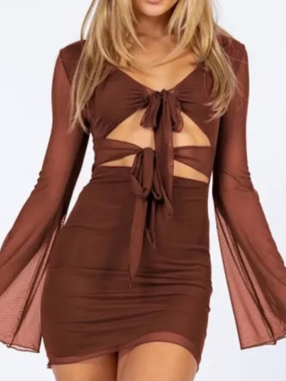 Princess Polly Sheer Tie-Front Long Sleeve Dress - Burgundy/ Brown Shade